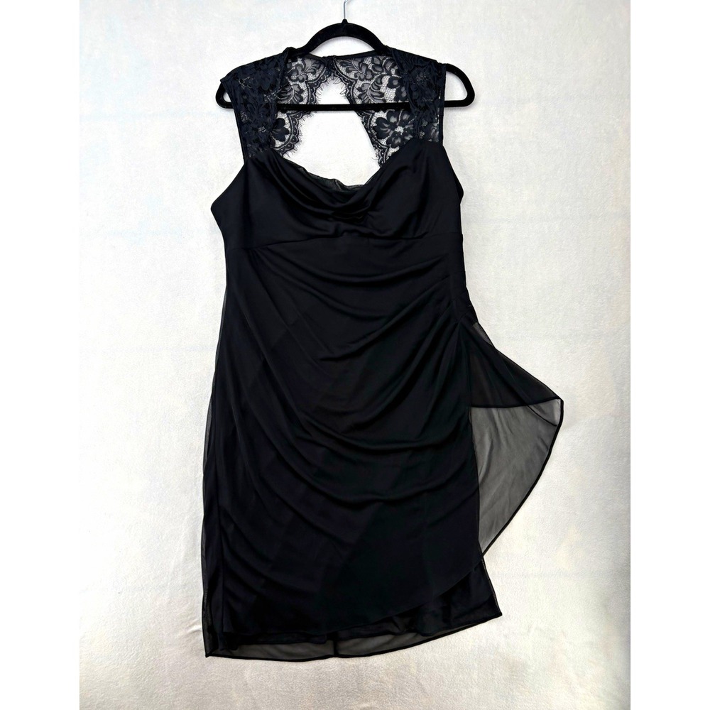 Dressbarn Black Lace Yoke Ruched Cowl Neck Sheath Dress Lined Zip Women Size 16